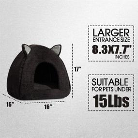 img 3 attached to 🐾 Hollypet Self-Warming Cat Tent Cave for Kittens and Small Dogs - 16 x 16 x 17 inches Triangle Feline House Hut, Indoor/Outdoor, Black, with Washable Cushion - Pet Bed