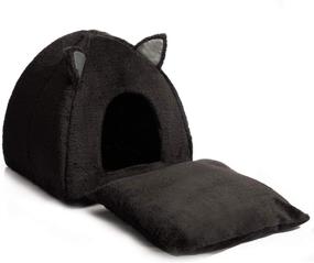 img 2 attached to 🐾 Hollypet Self-Warming Cat Tent Cave for Kittens and Small Dogs - 16 x 16 x 17 inches Triangle Feline House Hut, Indoor/Outdoor, Black, with Washable Cushion - Pet Bed