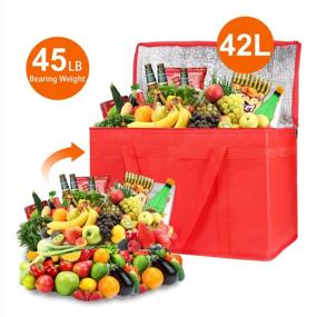 img 1 attached to XX-Large Изолированная многоразовая сумка для продуктов - Keep Frozen Foods Cold &amp; Shopping Accessories Cooler с верхом на молнии, красный