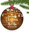 2023 mr. and mrs. first christmas ornament - married wedding gift decoration with 3" dark wood design and lights logo