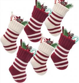img 4 attached to Set Of 6 LimBridge 9-Inch Knitted Stripe Mini Christmas Stockings In Rustic Burgundy And Cream - Perfect Goodie Bags And Holiday Decorations For Family And Friends