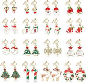 img 4 attached to 16 Pairs Christmas Clip On Earrings For Women - Xmas Tree Bell Santa Elk Snowflake No Piercing Dangle Drop Earrings By SAILIMUE