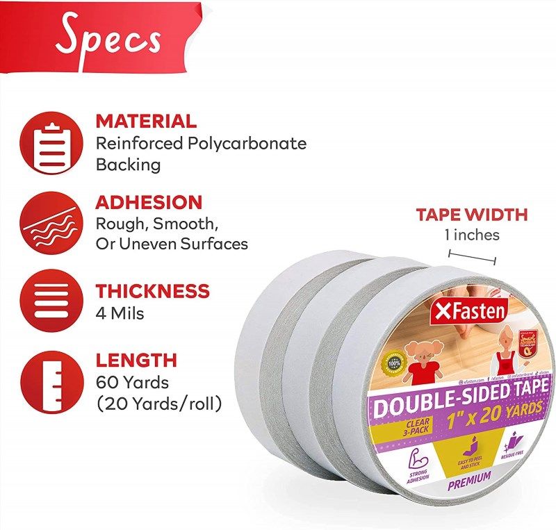 XFasten Double Sided Tape Clear, Removable, 1-Inch by 20-Yards, Pack of 3  Ideal as a Gift Wrap Tape, Holding Carpets, and Woodworking