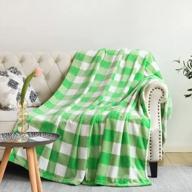 buffalo plaid flannel fleece throw blanket - lightweight and cozy for bed and couch - white/green checkered design - 350 gsm - 50"x 60" size logo