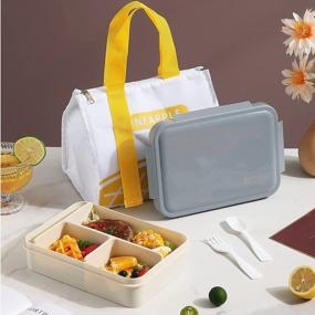 img 2 attached to Bento Box For Kids & Adults - 4 Compartment Food Snack Container, Microwave & Dishwasher Safe, BPA Free With Cute Lunch Bag & Utensils (Gray)