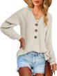 ribbed knit sweater for women - long sleeve v-neck button front, casual relaxed fit pullover jumper tops logo