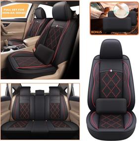 img 4 attached to 🚗 Full Set Car Seat Covers - Custom Fit PU Leather Waterproof Seat Cushion Cover for Honda Civic 2003-2021 Sedan/Hatchback (Includes Bonus Lumbar Pillows) - Black Red