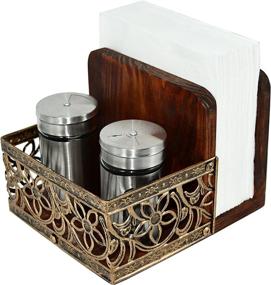 img 4 attached to Rustic Brown Wood Condiment Server With Two-In-One Napkin Holder And Salt & Pepper Storage - Freestanding Tabletop Caddy For Serving, Featuring Metal & Wooden Napkin Holder