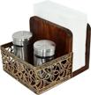 rustic brown wood condiment server with two-in-one napkin holder and salt & pepper storage - freestanding tabletop caddy for serving, featuring metal & wooden napkin holder logo