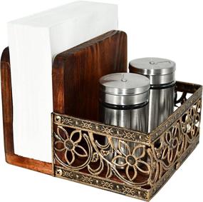 img 2 attached to Rustic Brown Wood Condiment Server With Two-In-One Napkin Holder And Salt & Pepper Storage - Freestanding Tabletop Caddy For Serving, Featuring Metal & Wooden Napkin Holder