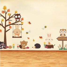 img 1 attached to 🦊 55 inches x 32 inches Woodland Arts Cute Animal World Rabbits Foxes Owls Snail Trees Zoo Animal Removable Vinyl Wall Decals Stickers for Children Room Nursery