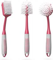 dish brush set of 3 with bottle water brush, dish scrub brush and scrubber brush - kitchen scrub brushes ergonomic non slip long handle for cleaning cleaner wash sink dishes bottle cup glass pot (red) logo