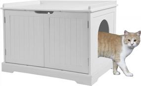 img 4 attached to Деревянная скамья для туалета для кошек с закрытым ящиком для мусора, скрытая мебель для кошек для дома, тумбочка с открытой полкой и дверцами, декоративный кошачий дом для помещения - HOMEFORT