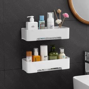 img 3 attached to White Plastic Adhesive Shower Caddy Shelf With Shampoo Holder - Bathroom Wall Storage Organizer Basket By YOHOM