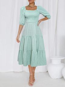 img 1 attached to Women'S 3/4 Sleeve Gingham Plaid Smocked Midi Dress With Ruffle And Square Neckline
