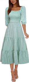 img 4 attached to Women'S 3/4 Sleeve Gingham Plaid Smocked Midi Dress With Ruffle And Square Neckline