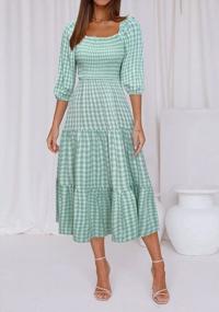 img 3 attached to Women'S 3/4 Sleeve Gingham Plaid Smocked Midi Dress With Ruffle And Square Neckline