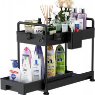 2-tier sliding cabinet organizer with hooks and hanging cup - multi-purpose bathroom and kitchen storage solution by solejazz, stylish black under-sink organizer логотип