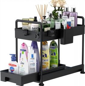 img 4 attached to 2-Tier Sliding Cabinet Organizer With Hooks And Hanging Cup - Multi-Purpose Bathroom And Kitchen Storage Solution By SOLEJAZZ, Stylish Black Under-Sink Organizer