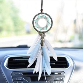 img 4 attached to Dremisland Handmade Dream Catcher Car Rear View Mirror Charm With Pearl Ornament - Blue And Grey Dream Catchers