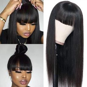 img 4 attached to 18 Inch Brazilian Virgin Human Hair Wig With Bangs, Soft Straight Style, No Lace Front, Black Color, 130% Density For Black Women - Machine Made, Glueless And Perfect For SEO