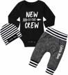 newborn baby boy outfit: 'new to the crew' romper, pants, and hat - 3pcs clothes set by fommy logo
