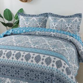 img 2 attached to Queen Size Lightweight Reversible Cotton 3-Piece Boho Quilt Set - Blue Striped Damask For All Seasons