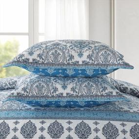 img 1 attached to Queen Size Lightweight Reversible Cotton 3-Piece Boho Quilt Set - Blue Striped Damask For All Seasons