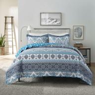 queen size lightweight reversible cotton 3-piece boho quilt set - blue striped damask for all seasons 标志