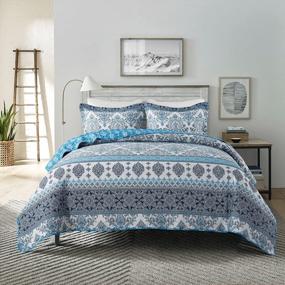 img 4 attached to Queen Size Lightweight Reversible Cotton 3-Piece Boho Quilt Set - Blue Striped Damask For All Seasons