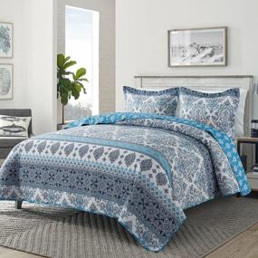img 3 attached to Queen Size Lightweight Reversible Cotton 3-Piece Boho Quilt Set - Blue Striped Damask For All Seasons