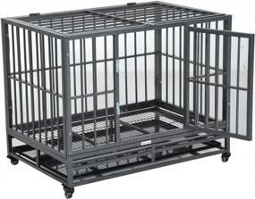 img 4 attached to Heavy Duty 36" Dog Crate Cage With Lockable Wheels, Double Door & Removable Tray - PawHut Grey