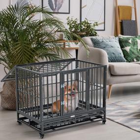img 3 attached to Heavy Duty 36" Dog Crate Cage With Lockable Wheels, Double Door & Removable Tray - PawHut Grey