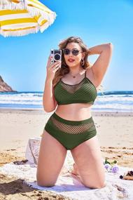 img 3 attached to Women'S Plus Size Bikini Set Splice Fishnet Swimsuit 2 Piece High Waist Tankini Bathing Suits - IN'VOLAND