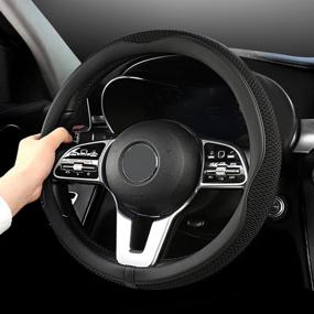 img 4 attached to 🚗 LIKEWEI Universal 15 inch Steering Wheel Cover - Latest Microfiber Leather Breathable Tech Fabric - Non-Slip, Comfortable, Warm in Winter & Cool in Summer - Black