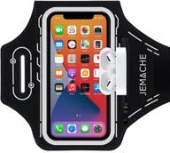 🏋️ jemache gym workouts running phone arm band for iphone 13 pro max, 12 pro max, 11 pro max, xs max, 13, 12 with airpods holder - black, iphone 13 pro max armband logo