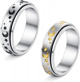 img 4 attached to Stainless Steel Fidget Rings For Anxiety Relief - Gold & Black Star Moon Phase Daisy Spinner Ring Set For Women And Men - Adramata Meditation Rotatable Anxiety Ring - Pack Of 2