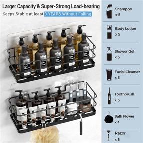 img 3 attached to 2 Packs Adhesive Shower Caddy With Hooks - No Drilling Rustproof Traceless Stainless Steel Wall Mounted Shower Storage Organizer Shelf Rack Holder For Bathroom Toilet Restroom Kitchen - Matte Black