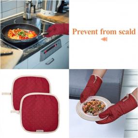 img 1 attached to BESTONZON Oven Mitts And Pot Holders Set Of 4, 500F Heat Resistant Oven Gloves With Silicone Non-Slip For Kitchens, Grilling, Cooking, Baking (Red)