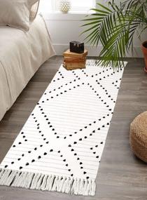 img 4 attached to Chic Boho Washable Cotton Runner Rug For Bathroom And Kitchen, Black And White Moroccan Tribal Tassel Area Rug, 2' X 4.3', Throw Mat Carpet For Living Room And Bedroom Decor By HAOCOO.