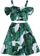 banana leaf print toddler girl's outfit set with strappy cold shoulder cropped top and long skirt for stylish summer look logo