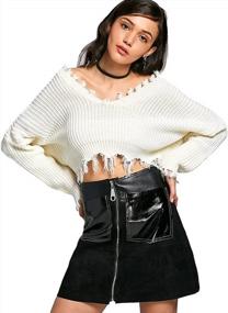 img 2 attached to Women'S Stylish V-Neck Ripped Pullover Knit Sweater Crop Top From ZAFUL - Loose Long Sleeve!