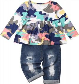 img 4 attached to Toddler Kids Clothing Baby Girls Cute Flower Long Sleeve Blouse Tank Top+Denim Long Pants Trousers Outfit Set