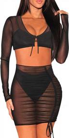 img 4 attached to Women'S Ruched Mesh Cover Up Sets Sheer 2 Piece Outfits Crop Top Short Sets