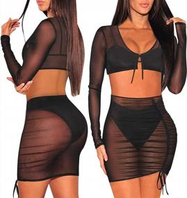 img 2 attached to Women'S Ruched Mesh Cover Up Sets Sheer 2 Piece Outfits Crop Top Short Sets