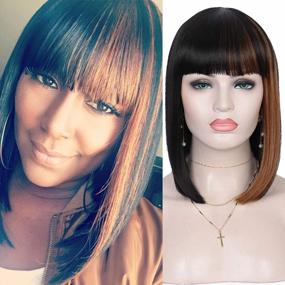 img 3 attached to Black Bob Wig With Auburn Brown Strips - Heat Resistant Synthetic Hair For Women With Bangs - Ideal For Black Women - Kalyss