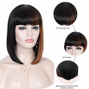 img 2 attached to Black Bob Wig With Auburn Brown Strips - Heat Resistant Synthetic Hair For Women With Bangs - Ideal For Black Women - Kalyss