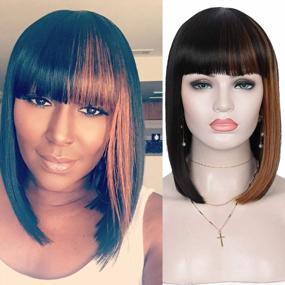 img 4 attached to Black Bob Wig With Auburn Brown Strips - Heat Resistant Synthetic Hair For Women With Bangs - Ideal For Black Women - Kalyss