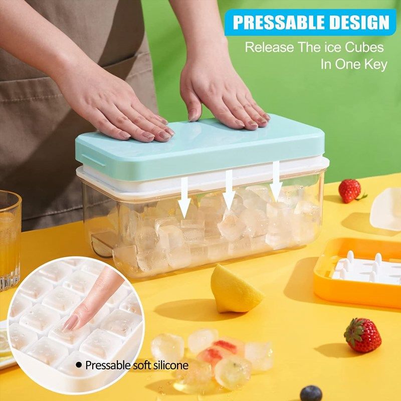 Ice Cube Tray with Lid and Bin, 64 pcs Ice Cubes Molds, One Button