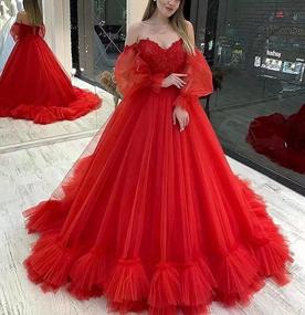 img 2 attached to Потрясающее бальное платье с открытыми плечами и кружевной аппликацией Quinceanera &amp; Wedding Dress от MARSEN: Bridal Beauty с длинными рукавами